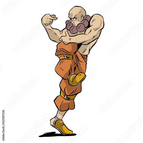 Warrior Monk in Dynamic Pose: A stylized illustration captures a bald-headed warrior monk in a moment of intense focus, clad in traditional garb, showcasing the artistry of martial arts. 