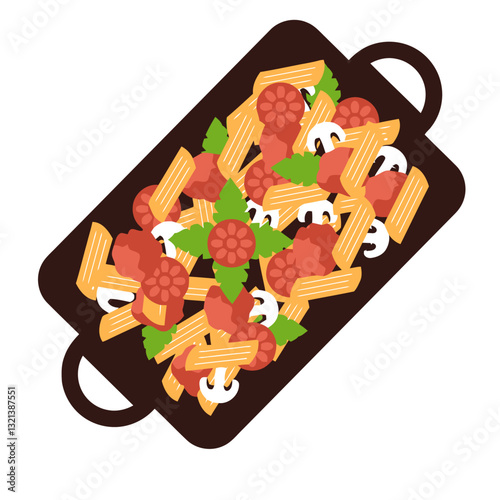 Savory pasta delight: An overhead shot showcases a mouthwatering array of pasta, perfectly plated to tantalize the taste buds. Embellished with vibrant toppings.