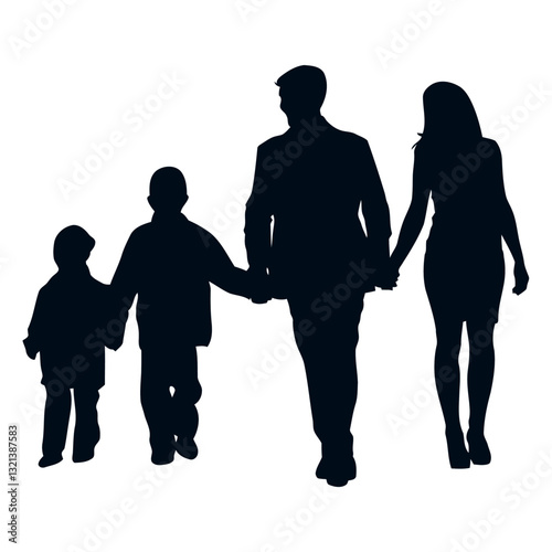 Family silhouette: A heartwarming silhouette of a family of four, father, mother, and two children, holding hands in a gesture of unity and togetherness. This image evokes feelings of love.
