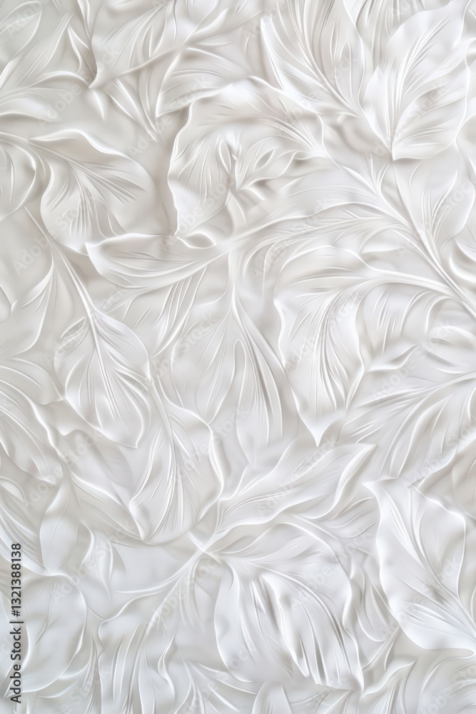 Fototapeta premium Elegant white leaf-patterned textured wall.