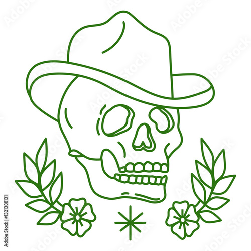 Mysterious Skull with cowboy hat: An intriguing skull adorned with a cowboy hat, nestled amidst delicate floral motifs, evoking a sense of vintage allure and the enigma of the Wild West.