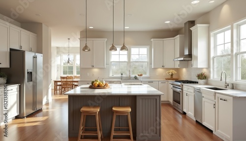 New custom kitchen features wood floors, stainless steel appliances, bright quartz countertops, spacious island on sunny day. Nobody in room. Residential suburban house interior with natural light.