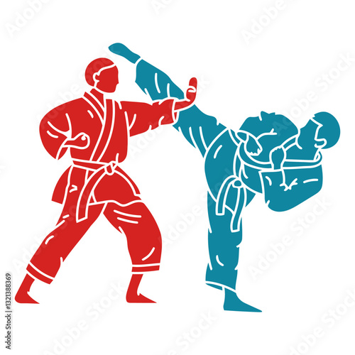 Dynamic Duo in Combat: A graphic representation of two martial artists in dynamic combat, engaged in a display of precision, power, and disciplined technique. A visual metaphor for skill, strength.