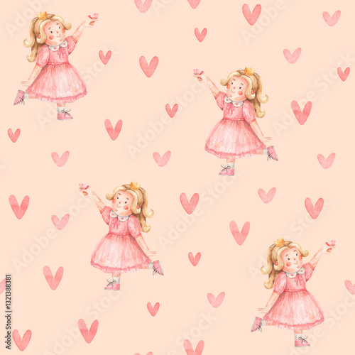 Pattern with cute little girl in pink dress. Watercolor seamless texture with illustration of princess with butterfly and hearts on beige background. Hand-drawn children birthday for wrapping paper