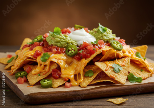 A tempting plate of fully loaded nachos with all the fixings, ready to enjoy as a snack. photo