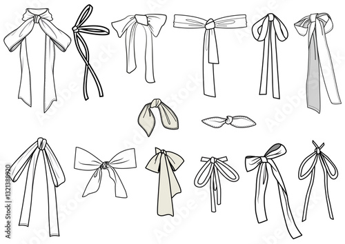 bows brushes set for fashion flat skethes.Bow knot and tie ups flat sketch vector illustrator. Set of sash bow knot for dress, waist band and clothing embellishments cad drawing template.