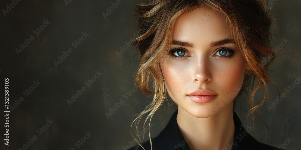 Portrait of a young woman with elegant features and soft lighting in a neutral background