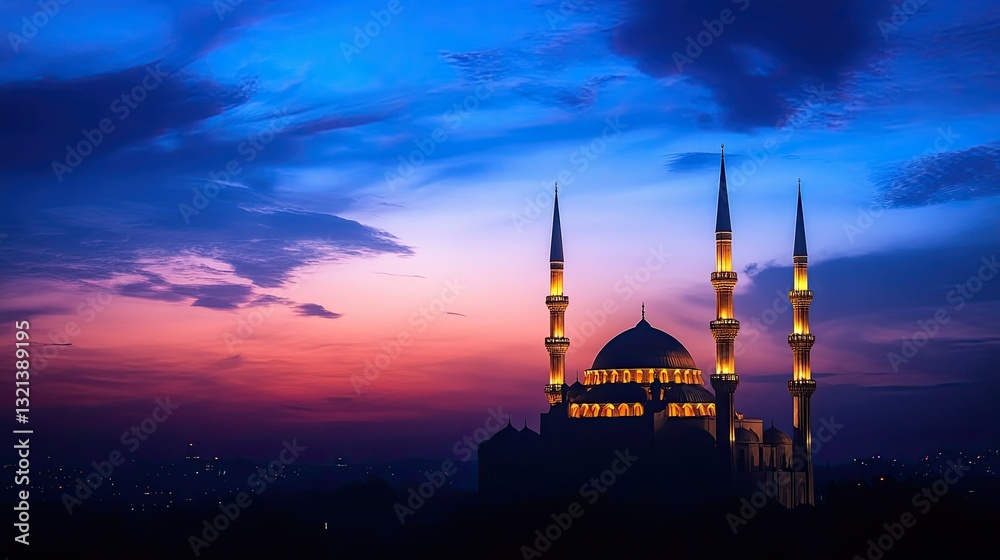 Obraz premium Serene Ramadan dusk with golden minarets against a deep blue sky