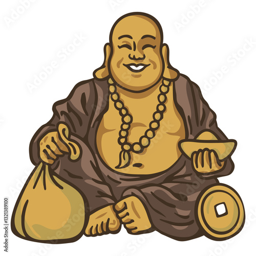 Smiling Buddha Illustration: This illustration depicts the Buddha in a state of pure bliss and prosperity, a visual emblem of spiritual wisdom and good fortune.