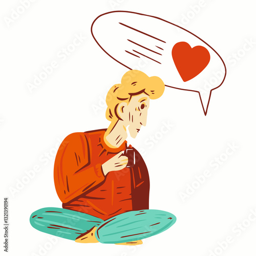 Dreamy Love: A person sits cross-legged, lost in thought, with a speech bubble filled with a bright red heart above their head, conveying a sense of tender love and affection.