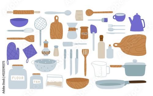 Various kitchenware items, cooking supplies, food preparation utensils and ingredients household set