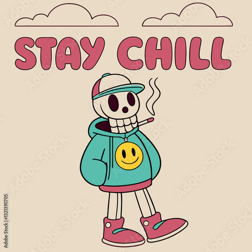 Stay Chill Skeleton Smoking T-Shirt Design - Funny Cartoon Skeleton Relaxing Graphic Tee