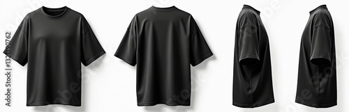 Set of black oversized loose drop shoulder tee shirt with round neck. Front, back, side views on transparent cutout. Unisex mockup template for artwork graphic design, print ads. Casual attire for