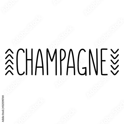 Champagne Word Graphic: A stylish typography design spells out Champagne, adorned with elegant arrow accents, capturing the essence of celebration and sophistication.