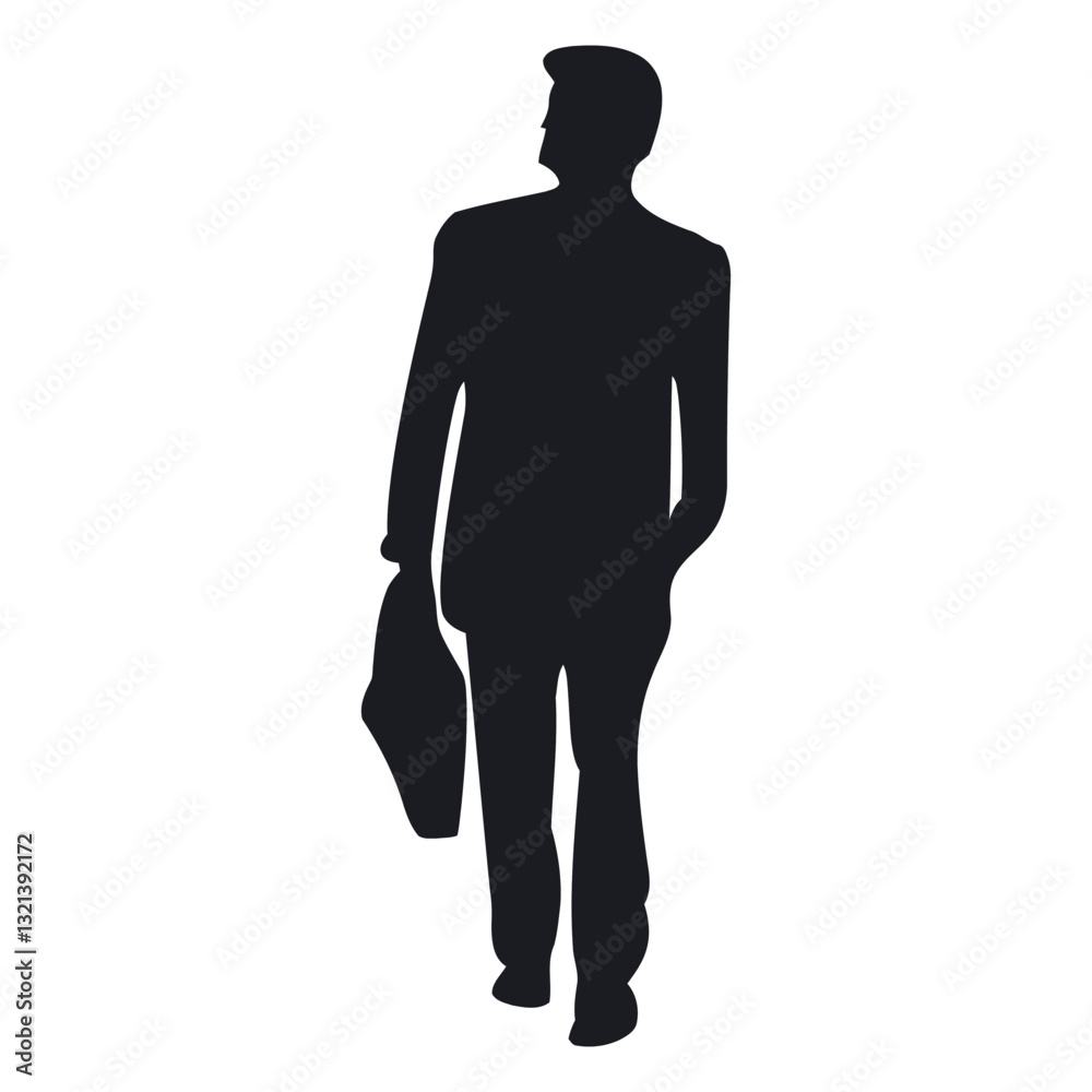 Obraz premium Silhouette of the Walking: Captures a man in silhouette, walking purposefully forward with a briefcase, embodies the dynamic essence of determination and ambition in a minimalistic way.