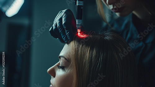 Woman receiving professional red light laser hair therapy treatment spa care skin salon style scalp
