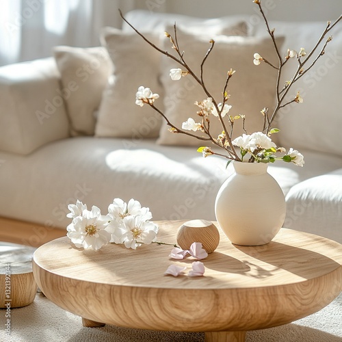 A modern living room with floral decorations on a table