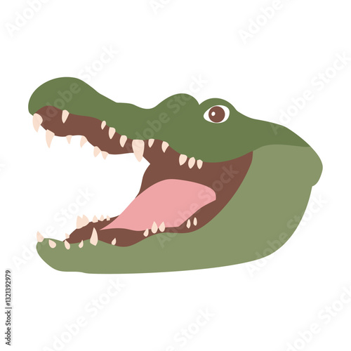 Ferocious Alligator Portrait: A stylized illustration showcases a formidable alligator head, its jaws agape, revealing rows of sharp teeth and a striking pink tongue.