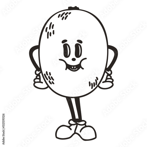Joyful Kiwi Fruit: A cheerful kiwi fruit with arms, legs, and shoes stands with a playful expression, ready to brighten your day with its delightful cartoon character.