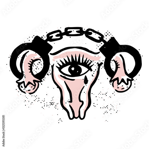 Restrained Vision: A poignant illustration, blending the symbolism of an eye with a weeping tear, shackles and chains to evoke a narrative of limited vision and emotional constraint.