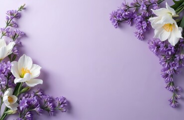 Beautiful floral design with white, purple flowers, green leaves on purple background. Romantic spring, summer theme for wedding, birthday card or mother day. Fresh botanical frame with copy space.
