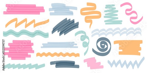 Pastel color highlighter stripes, scribble strokes, freehand hatching, handwriting wavy lines set