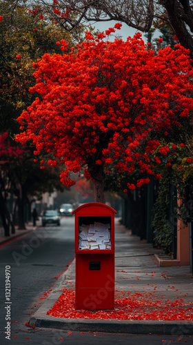 Concept: Epistolary love; a red letterbox beneath a crimson canopy on the street