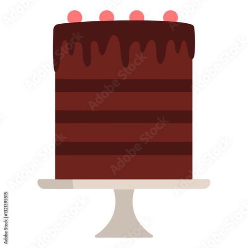 Delicious Chocolate Cake: A delectable layered chocolate cake rests on a stylish cake stand, topped with a rich chocolate ganache and decorative cherries, beckoning with sweetness.