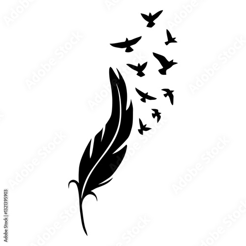 The Spirit of Liberation: An artistic representation of a quill morphing into flight, symbolizing liberation, freedom, and hope. The artwork, in clean black lines.