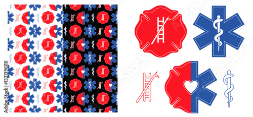 Firefighter and EMS Seamless Vector Pattern with Maltese Cross, Star of Life, and Rescue Icons