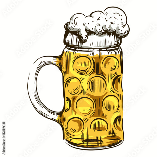 Golden Ale in a Classic Stein: This close-up showcases a finely crafted, hand-drawn illustration of a full, classic beer stein.
