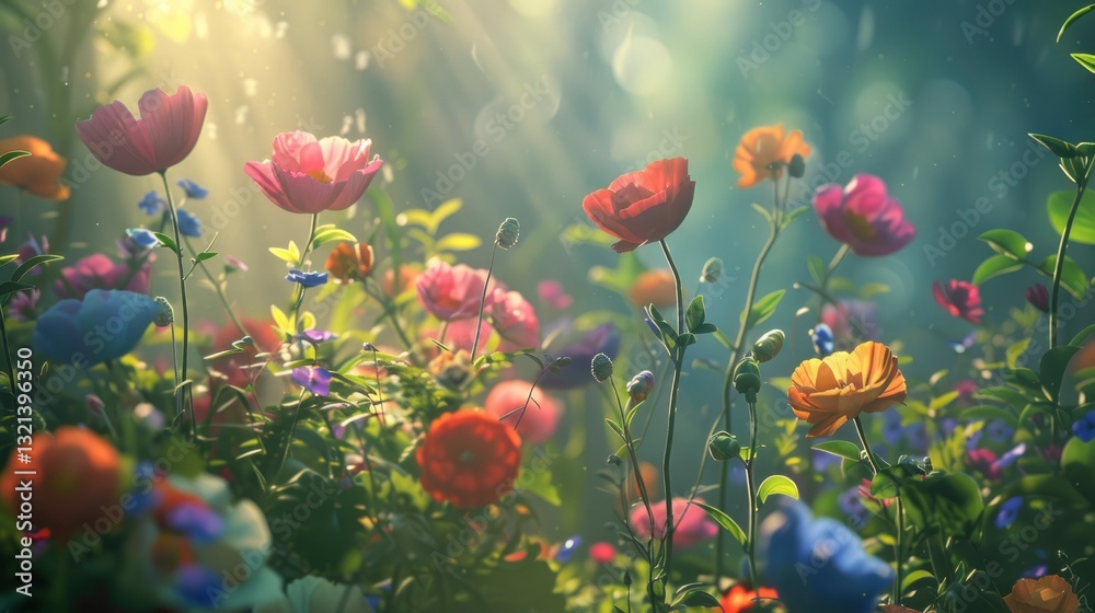 Fototapeta premium Vibrant garden filled with blooming flowers under soft sunlight, creating a serene and colorful atmosphere