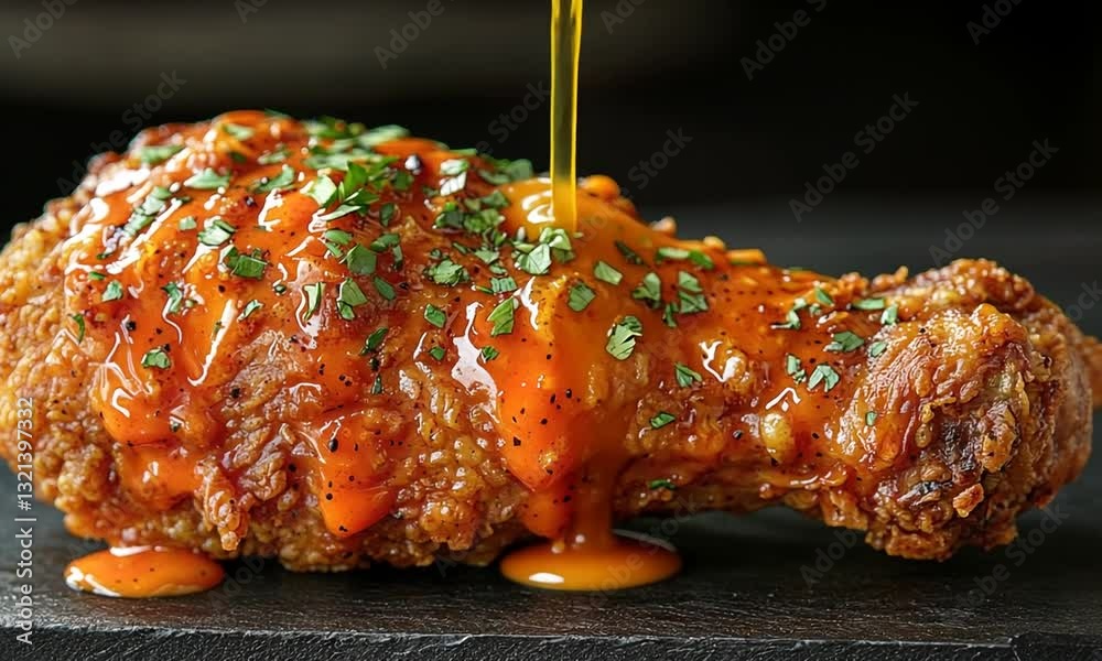 Crispy fried chicken drumstick drizzled with spicy sauce on a dark stone surface