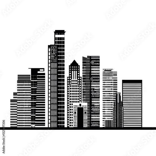 City Skyline: An elegant cityscape, with a minimalist black and white silhouette of towering skyscrapers, conveying urban grandeur and architectural precision.