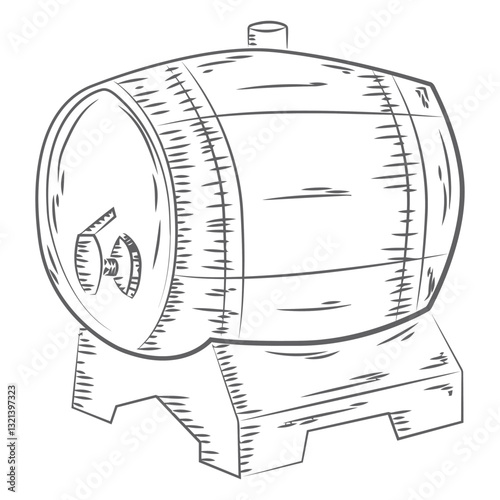Antique Wooden Barrel: A detailed sketch depicts an old, wooden barrel resting on a supportive stand. Embodying rustic charm. The barrel signifies age and a historical essence.