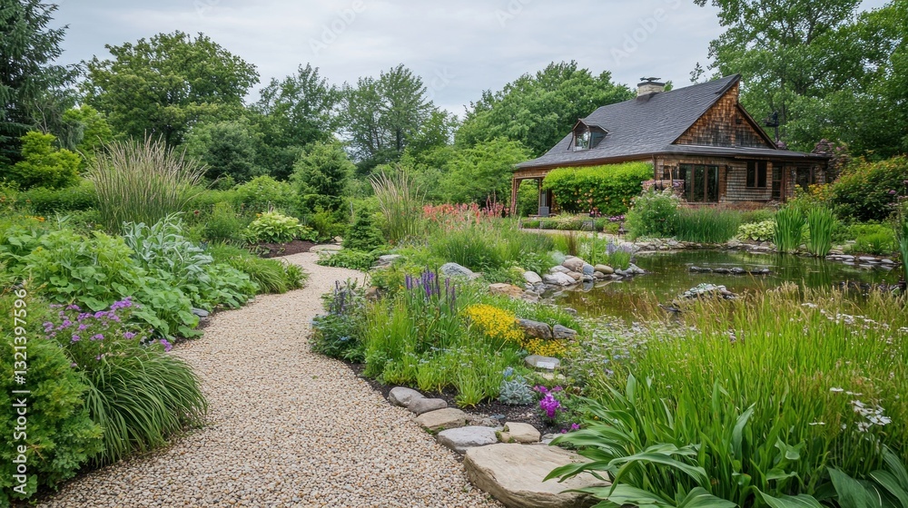 Fototapeta premium Rustic garden path winds through vibrant flowerbeds, leading to a cozy wooden home