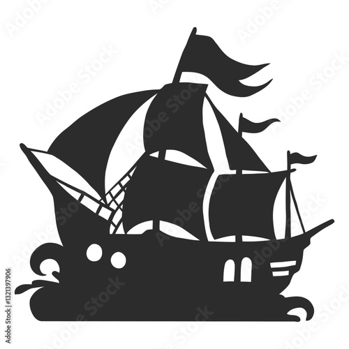 Sailing Adventure: A meticulously crafted silhouette of a majestic sailing ship glides across the waves, its sails billowing in the wind.