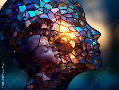 An artistic sculpture of a mother and child made of glowing glass. The light-infused artwork represents family bond, tenderness, and emotional depth.