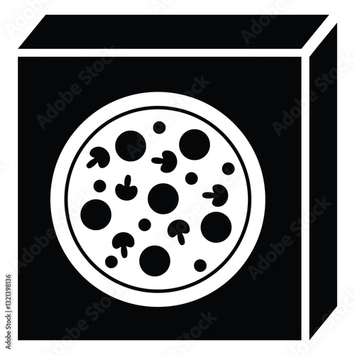 Pizza Box Silhouette: A sleek, monochrome pizza illustration, neatly encased within a square delivery box, evokes the simple pleasure of enjoying comfort food.