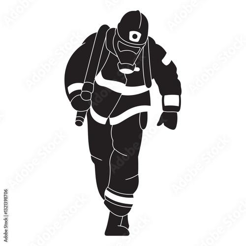 Firefighter in Action: A silhouette of a firefighter, in full protective gear and a respirator mask, strides forward with determination and courage.