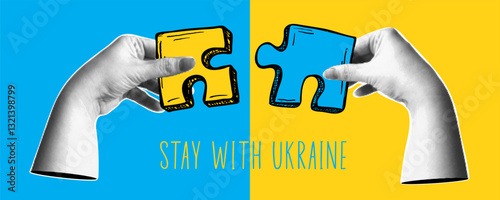 Stay with Ukraine. Trendy halftone collage hands holding pats of puzzle in yellow and blue. Support Ukraine concept. Modern retro style. Vector illustration.