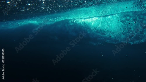 Ocean wave breaks as seen from underwater
