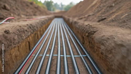 Professional workers carefully laying insulated pipes in ground trench, showcasing urban thermal energy infrastructure development for efficient heat distribution network