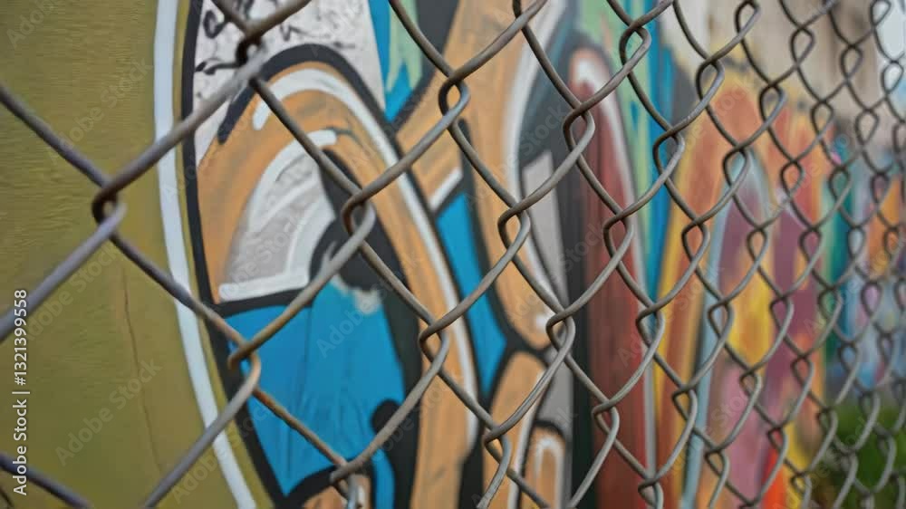Metal mesh shielding vibrant street art, revealing intricate graffiti design against protective wire barrier in dynamic urban landscape