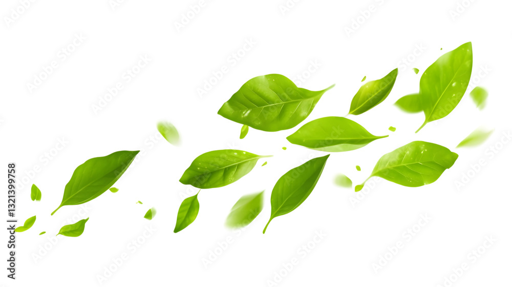 Naklejka premium Green Floating Leaves Flying Leaves Green Leaf Dancing on white background. AI Generated Images
