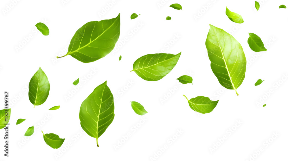 Green Floating Leaves Flying Leaves Green Leaf Dancing on white background. AI Generated Images Green Floating Leaves Flying Leaves Green Leaf Dancing on white background. AI Generated Images