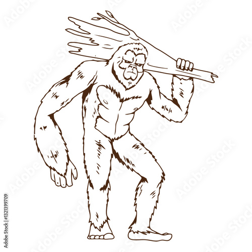 Mysterious Forest Dweller: A sketch depicts a formidable figure from folklore, shrouded in mystery and carrying a bundle of wood, embodying strength and the enigma of the wild.