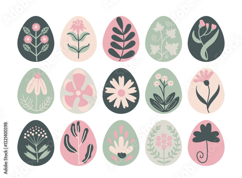 Happy Easter eggs with flower prints folk hand drawn Scandinavian style isolated spring holiday set