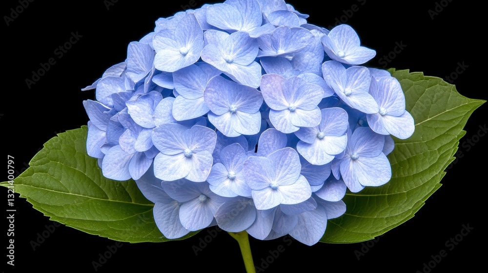 Close up of a light blue hydrangea blossom with green leaves against a black background. The image is sharply focused and well lit, showcasing the flower's delicate details. Close up of a light blue hydrangea blossom with green leaves against a black background. The image is sharply focused and well lit, showcasing the flower's delicate details.
