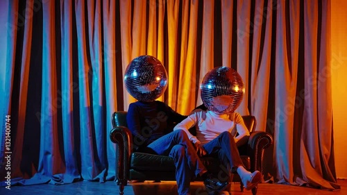 couple with disco ball heads sitting on the couch, blue and orange tones, festive , curtain background, retro party vibes, surreal 70s theme, funky holiday card with copy space  